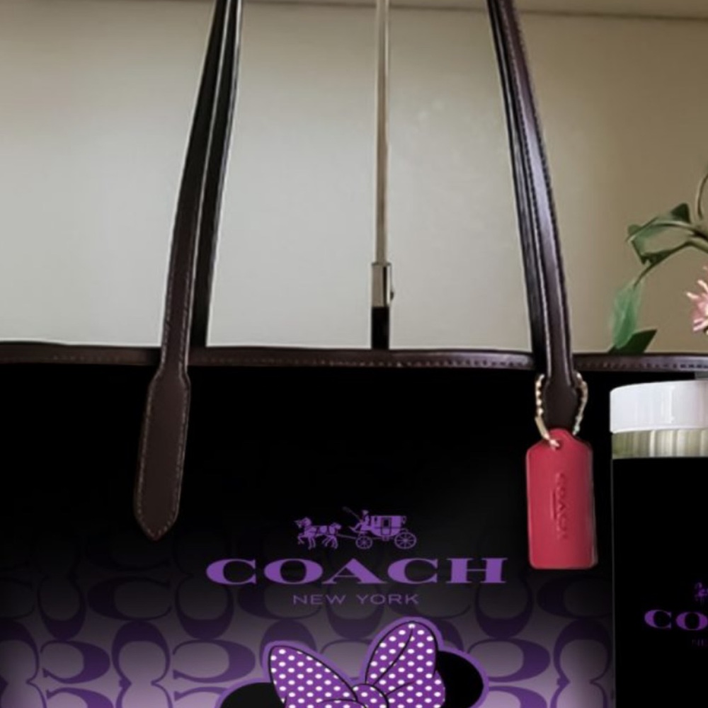 Coach Black and Purple Logo Tote with Leather Straps